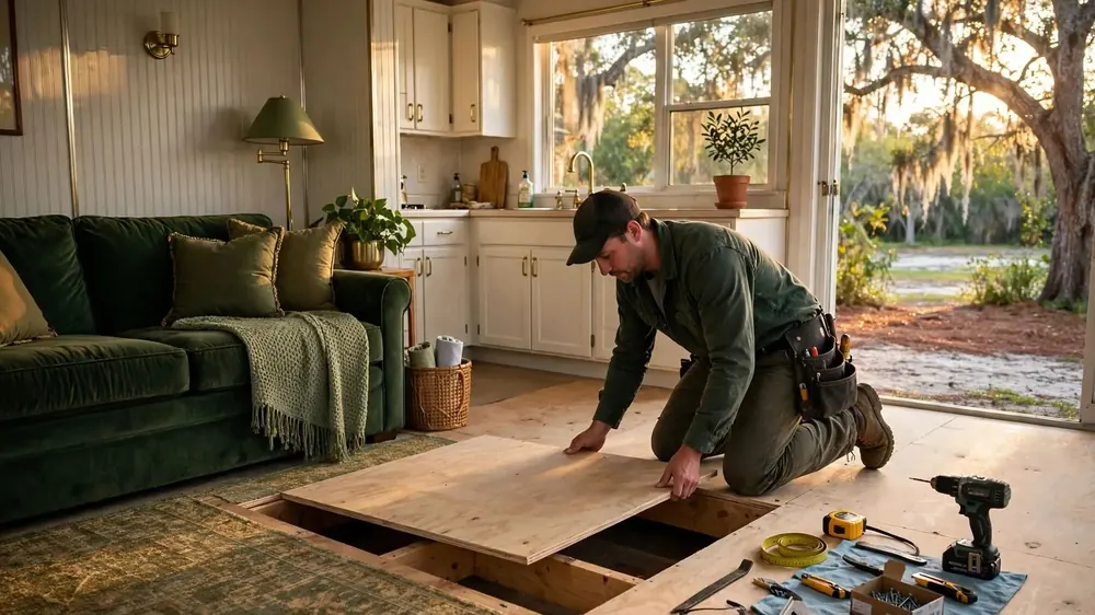 Worker fitting a new plywood subfloor panel inside a tidy mobile home interior