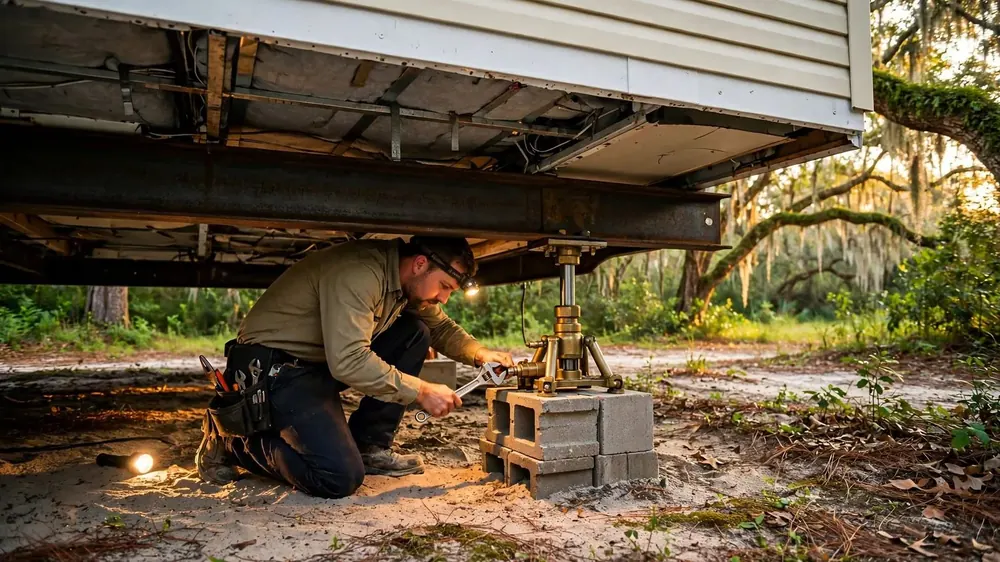 Technician re-leveling a manufactured home with a hydraulic jack on concrete block piers in Marion County, Florida