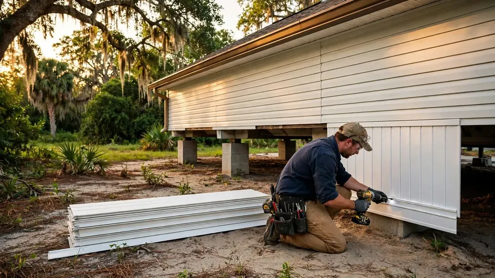 Worker installing new white vinyl skirting panels along a manufactured home in Marion County, Florida